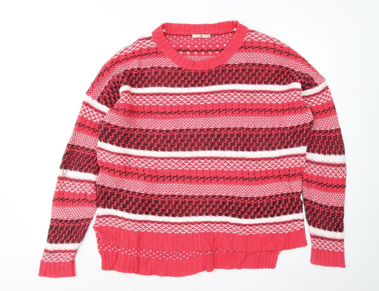 TU Womens Red Round Neck Striped Cotton Pullover Jumper Size 18