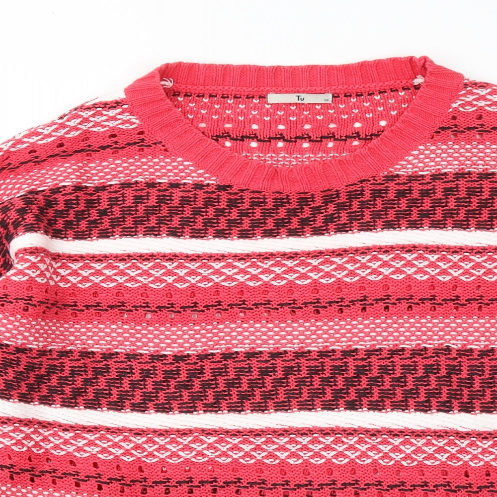 TU Womens Red Round Neck Striped Cotton Pullover Jumper Size 18