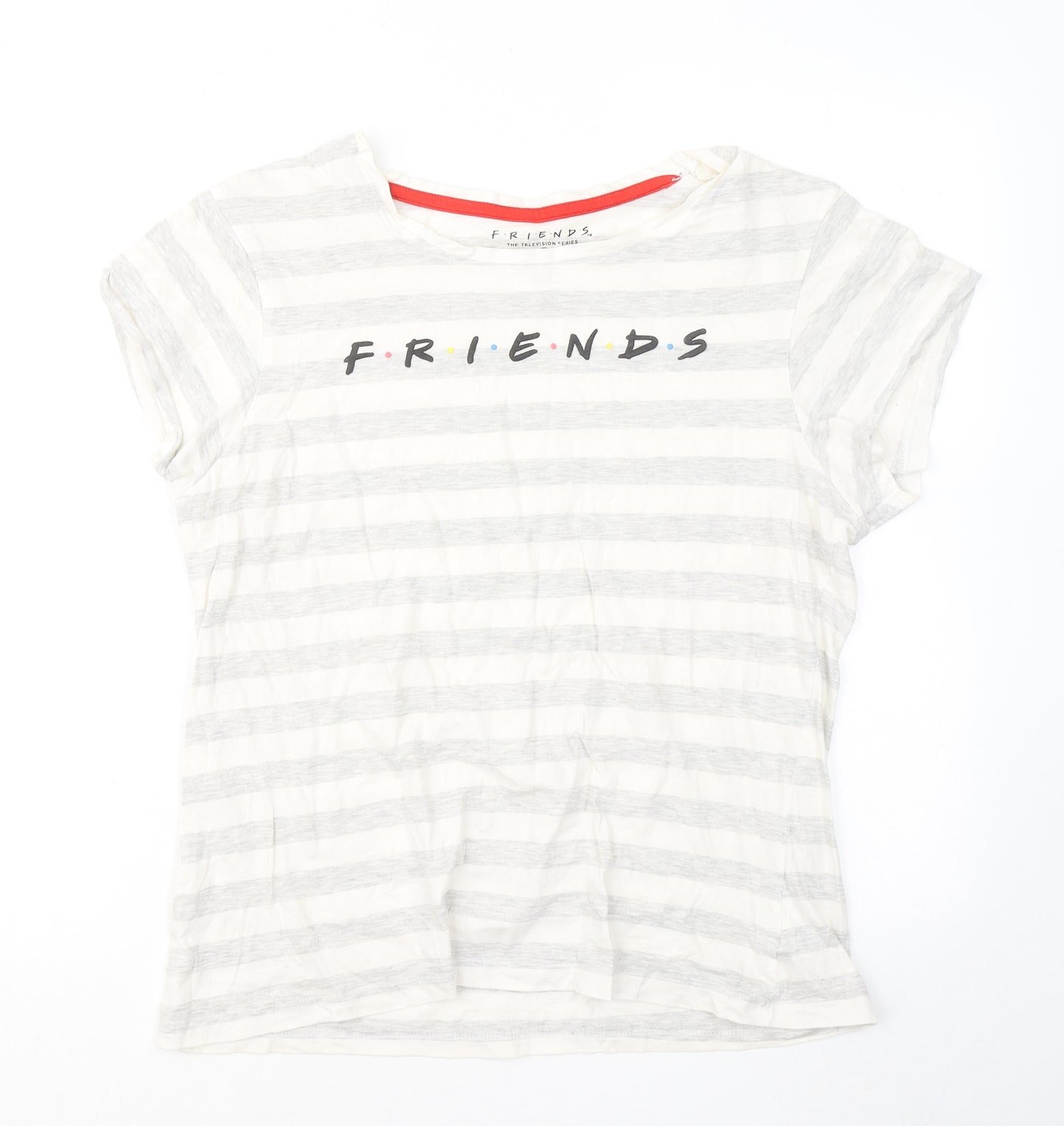 Primark Womens Grey Striped Cotton Basic T-Shirt Size 12 Round Neck - Friends
