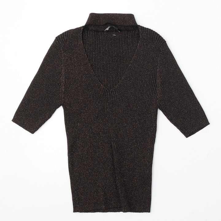 New Look Womens Brown Mock Neck Viscose Cardigan Jumper Size 14
