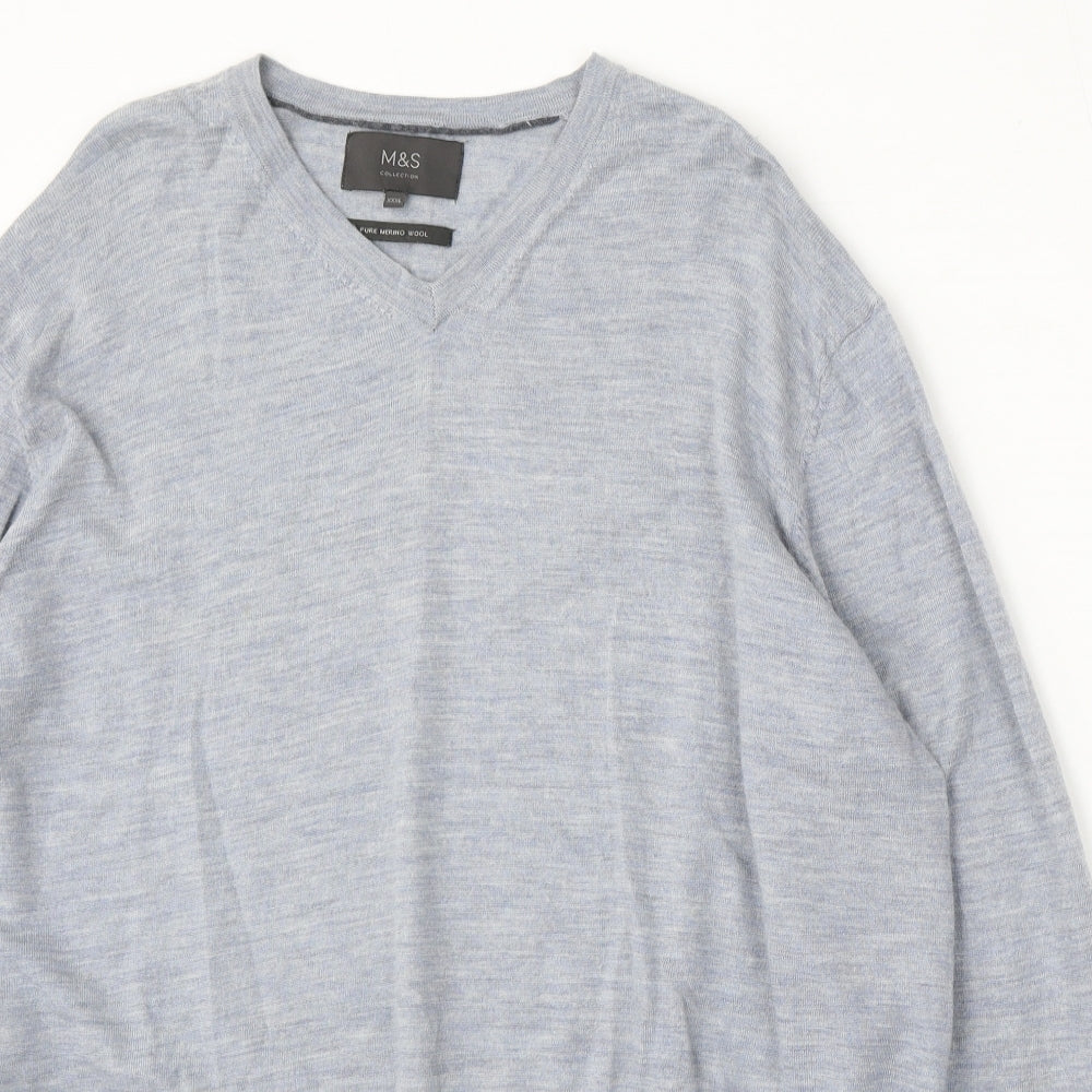Marks and Spencer Mens Grey V-Neck Wool Pullover Jumper Size 3XL