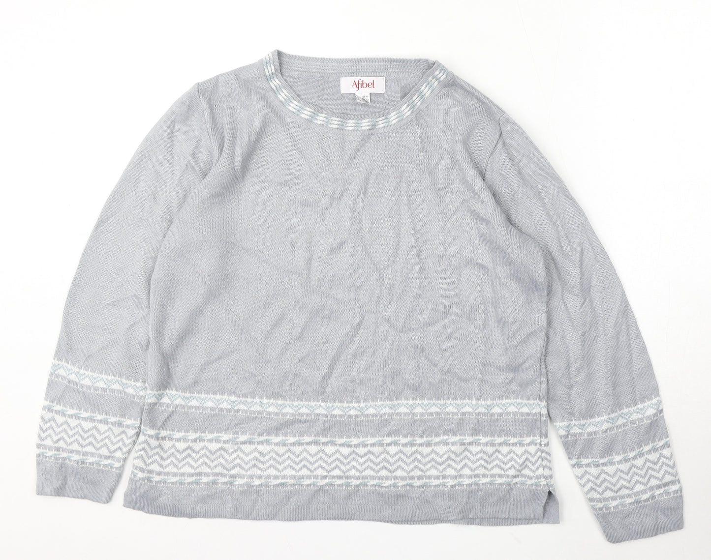 Afibel Womens Grey Round Neck Geometric Acrylic Pullover Jumper Size 10