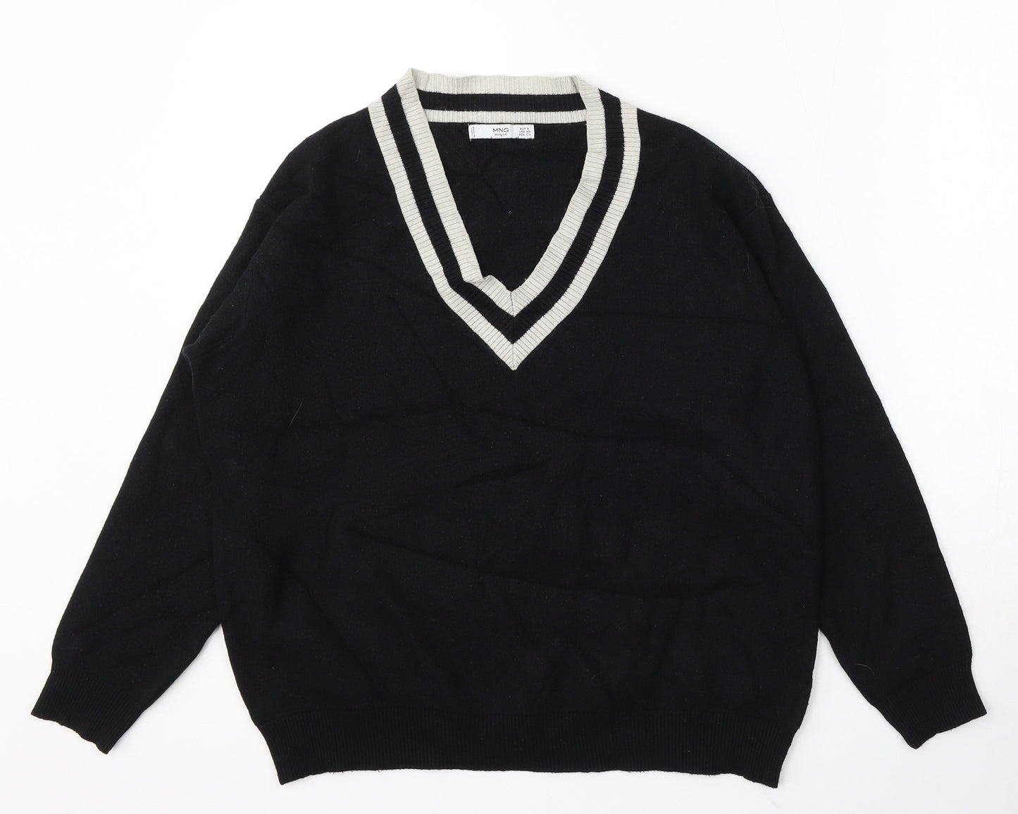 MNG Womens Black V-Neck Striped Polyester Pullover Jumper Size S