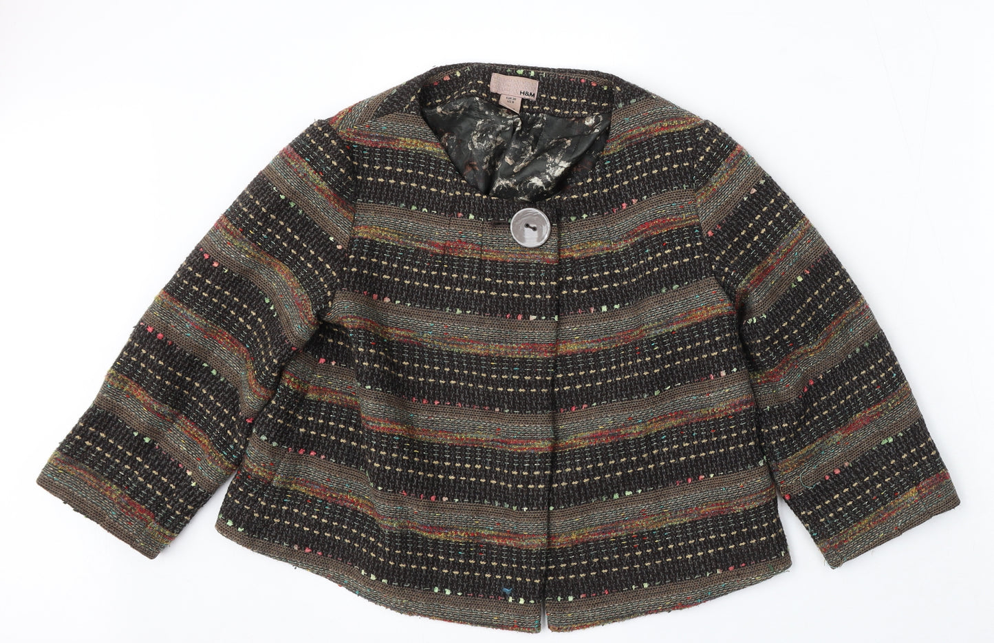 H&M Womens Multicoloured Round Neck Geometric Wool Cardigan Jumper Size 10