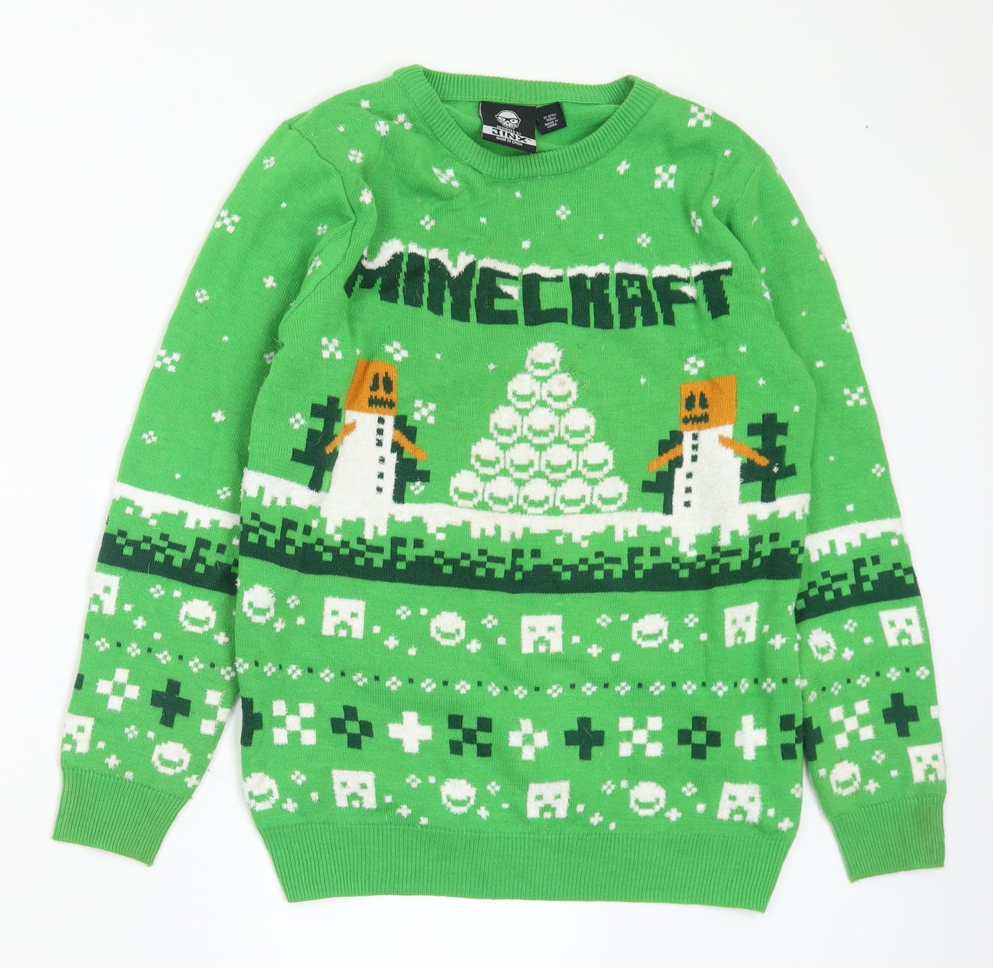 Jinx Boys Green Crew Neck Geometric Acrylic Pullover Jumper Size 12-13 Years - Minecraft