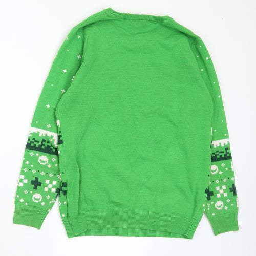 Jinx Boys Green Crew Neck Geometric Acrylic Pullover Jumper Size 12-13 Years - Minecraft