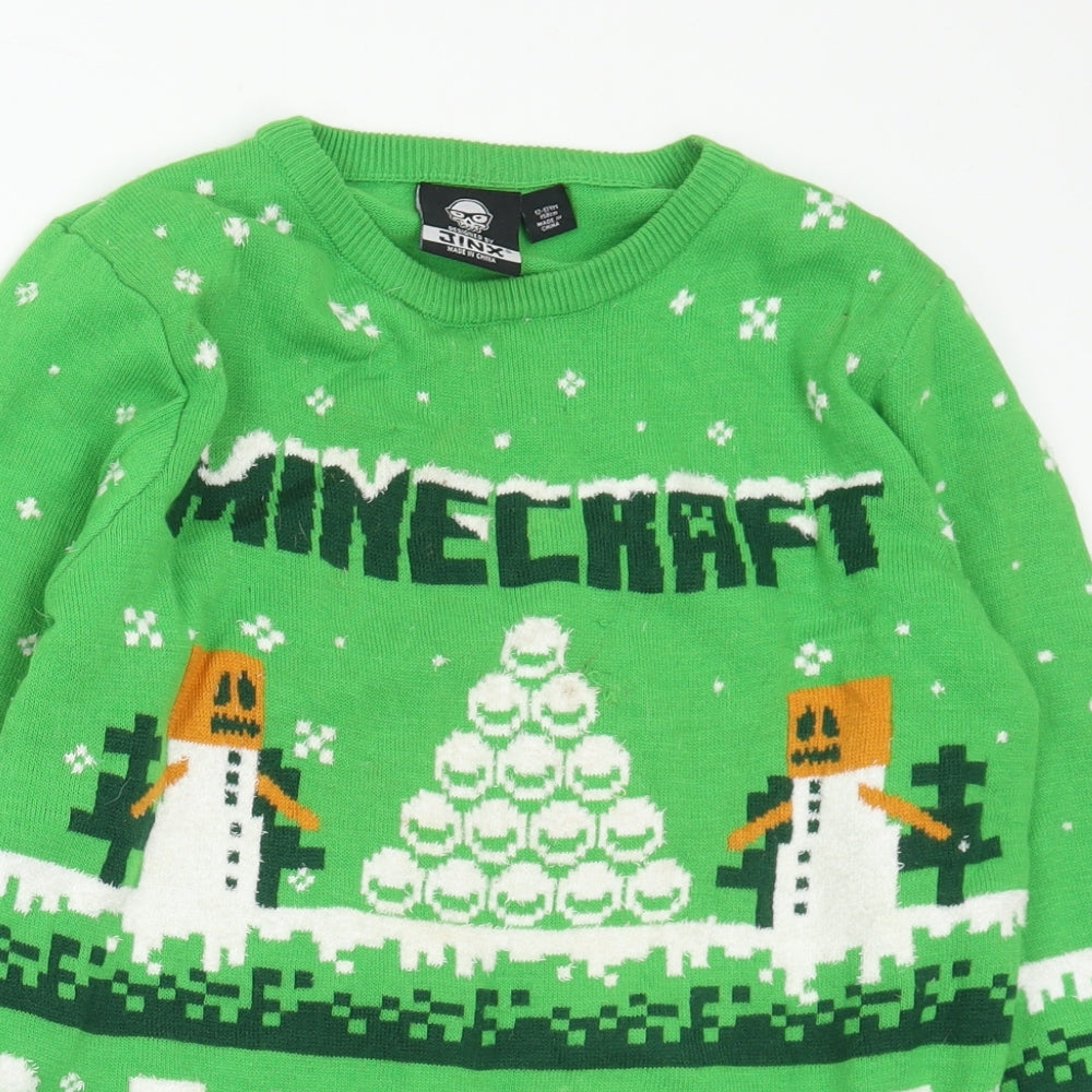 Jinx Boys Green Crew Neck Geometric Acrylic Pullover Jumper Size 12-13 Years - Minecraft