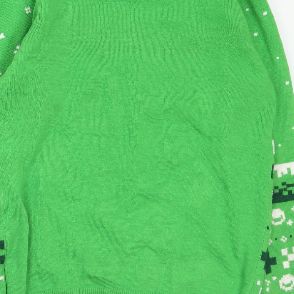 Jinx Boys Green Crew Neck Geometric Acrylic Pullover Jumper Size 12-13 Years - Minecraft
