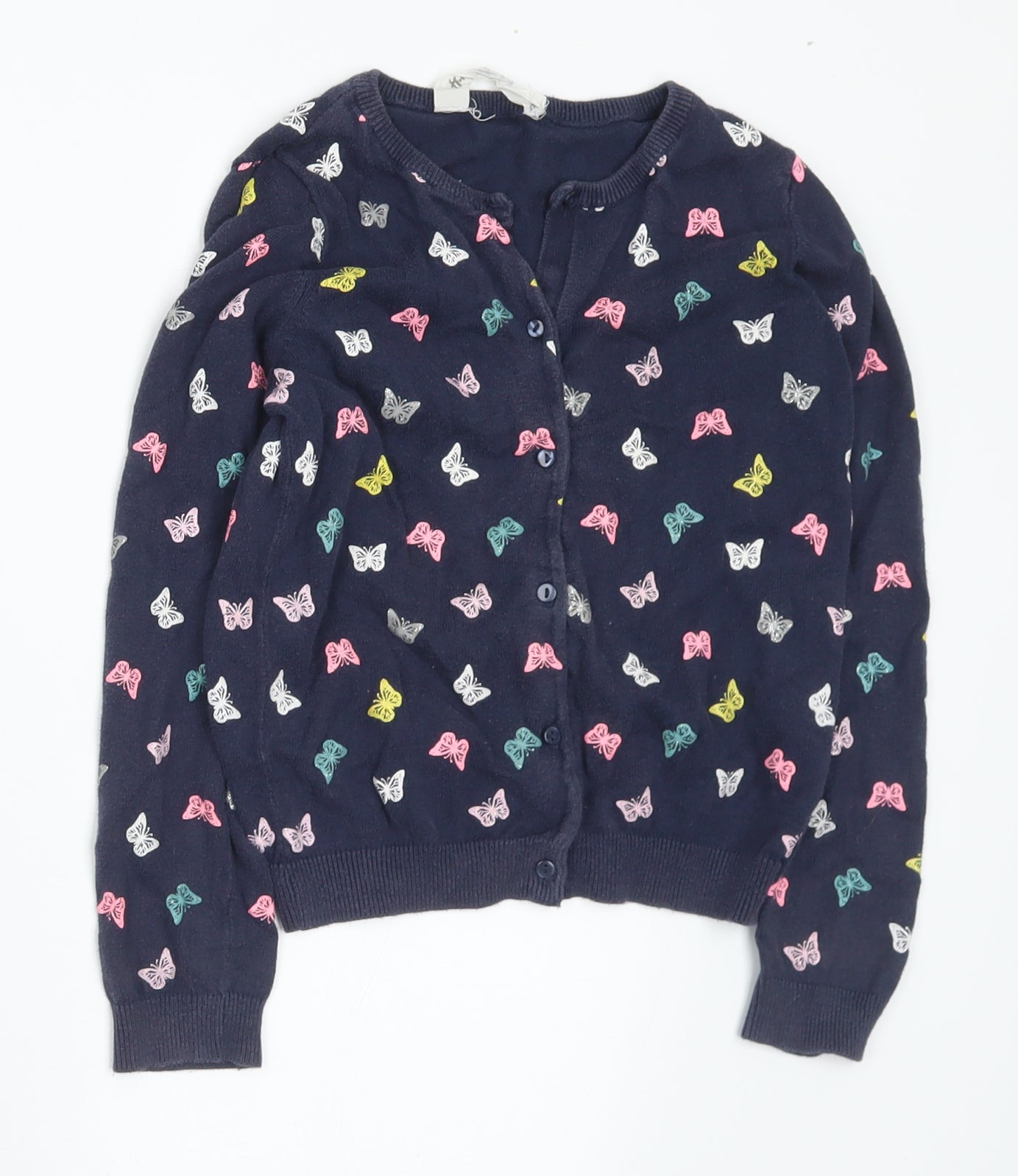 H&M Girls Blue Round Neck Geometric Cotton Cardigan Jumper Size 7 Years Button - Butterflies