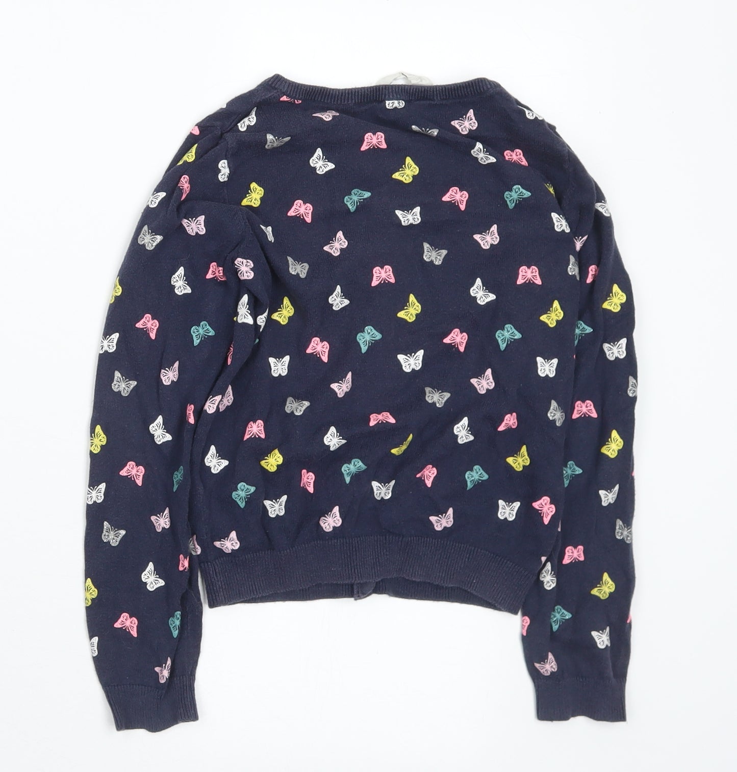 H&M Girls Blue Round Neck Geometric Cotton Cardigan Jumper Size 7 Years Button - Butterflies