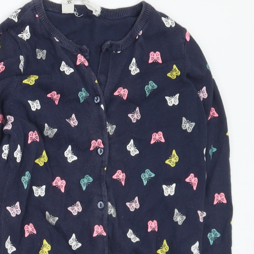 H&M Girls Blue Round Neck Geometric Cotton Cardigan Jumper Size 7 Years Button - Butterflies