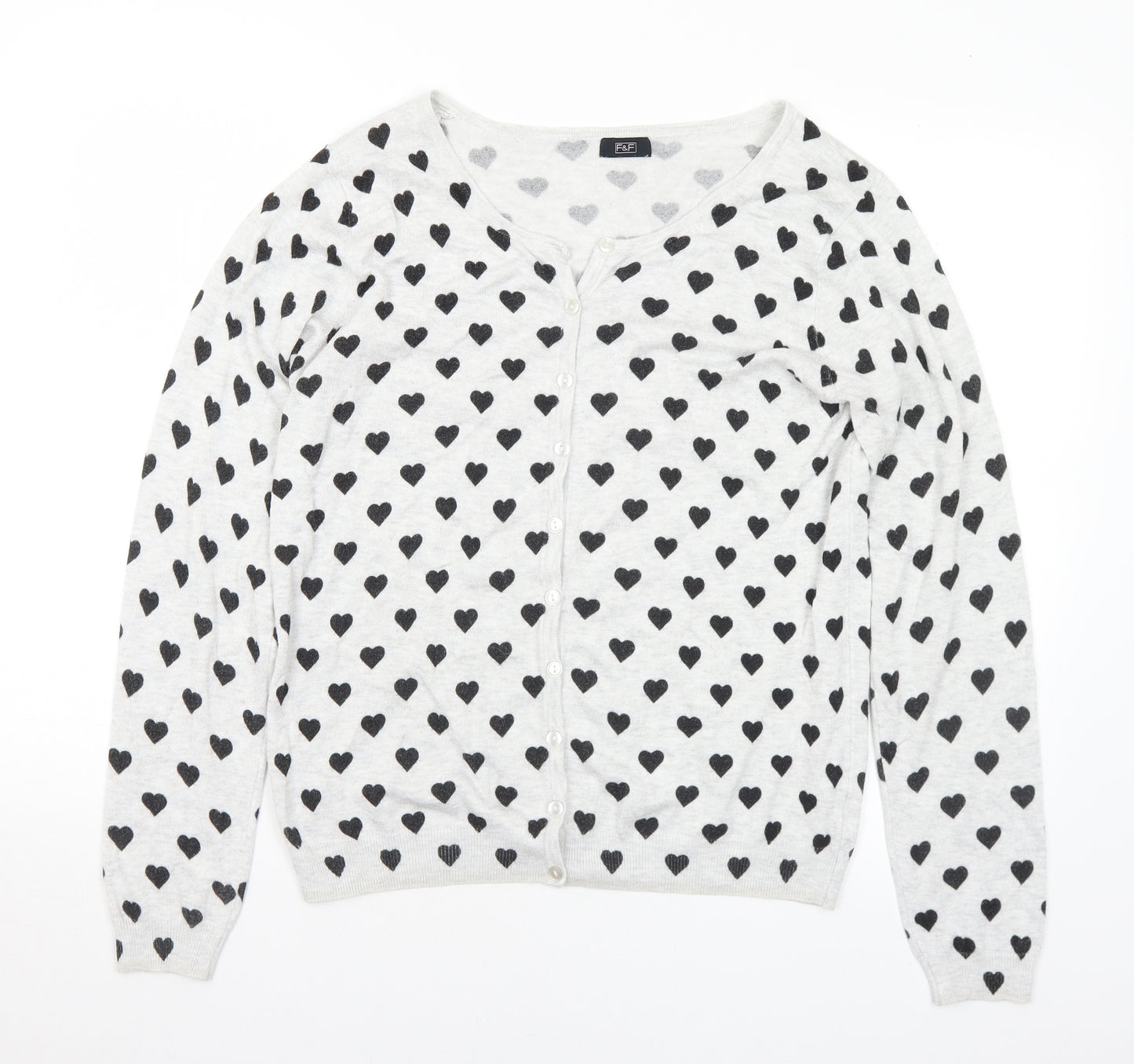 F&F Womens Grey Round Neck Geometric Viscose Cardigan Jumper Size 16 - Hearts