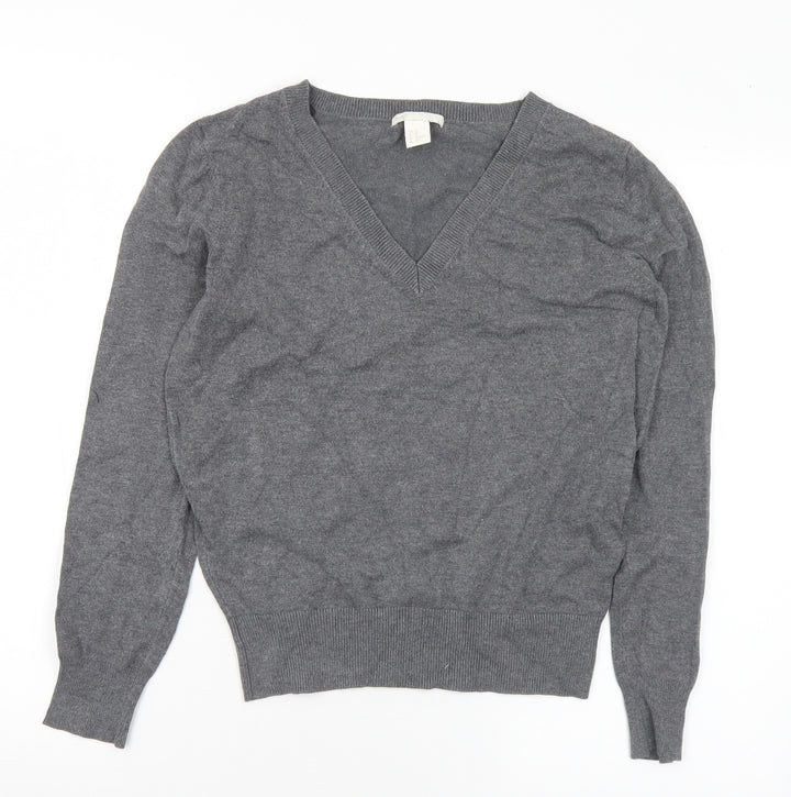 H&M Womens Grey V-Neck Viscose Pullover Jumper Size XS