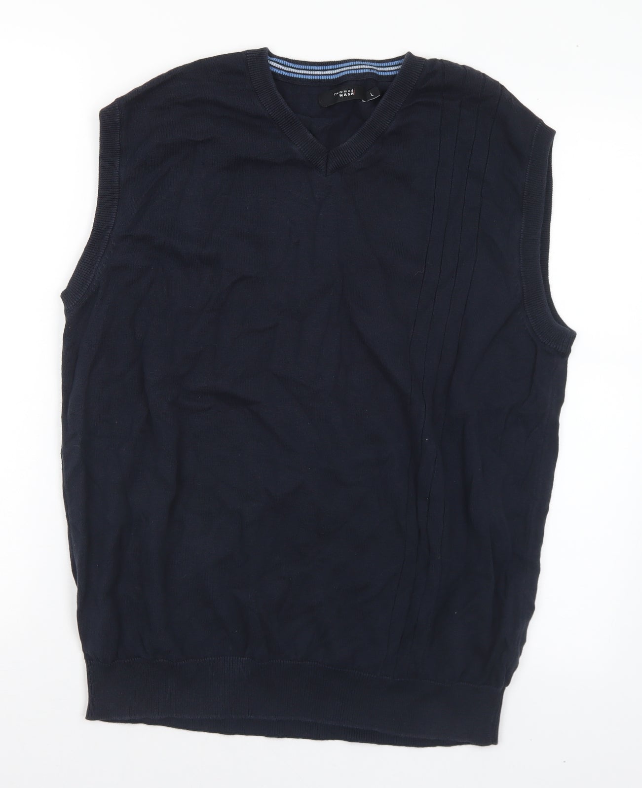 Thomas Nash Mens Blue V-Neck Cotton Pullover Jumper Size L