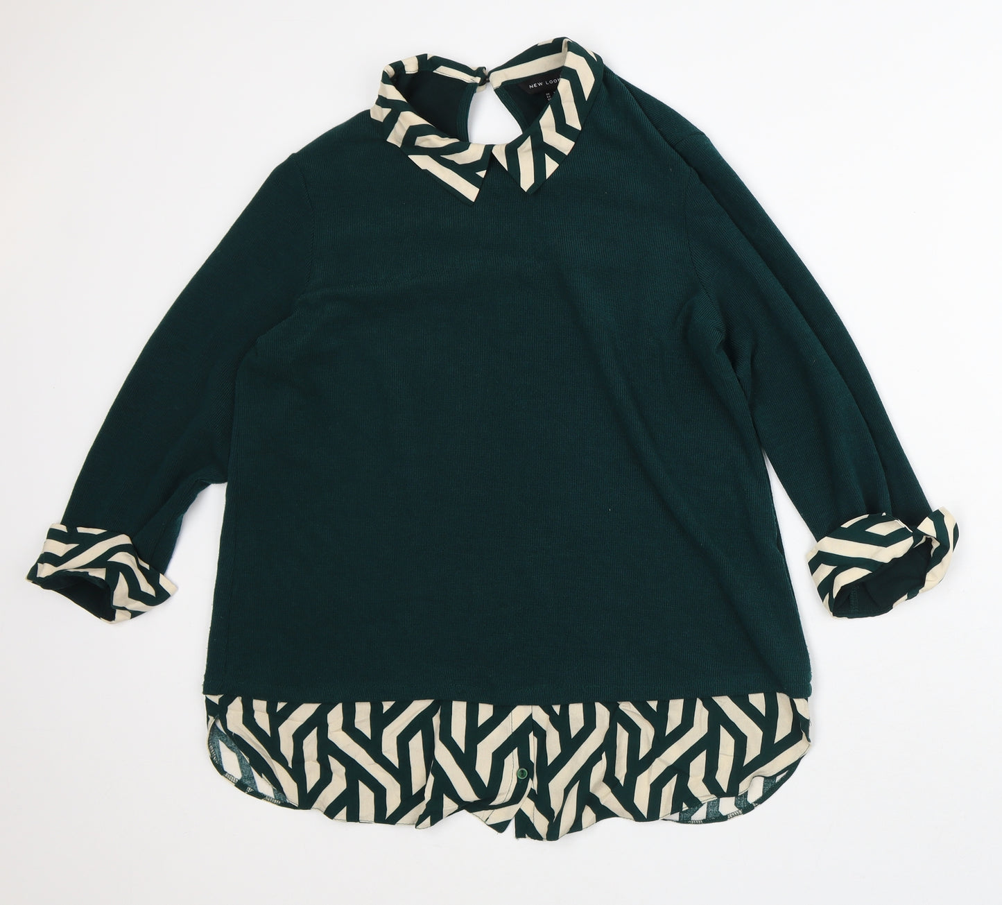 New Look Womens Green Striped Polyester Pullover Sweatshirt Size 16 - Mock Shirt Hem