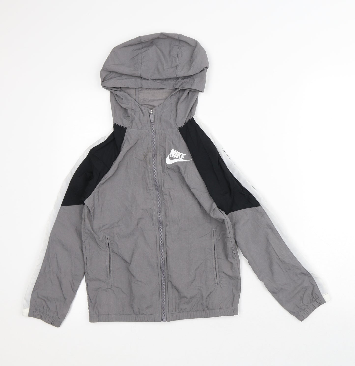 Nike Boys Grey Striped Rain Coat Coat Size 8-9 Years