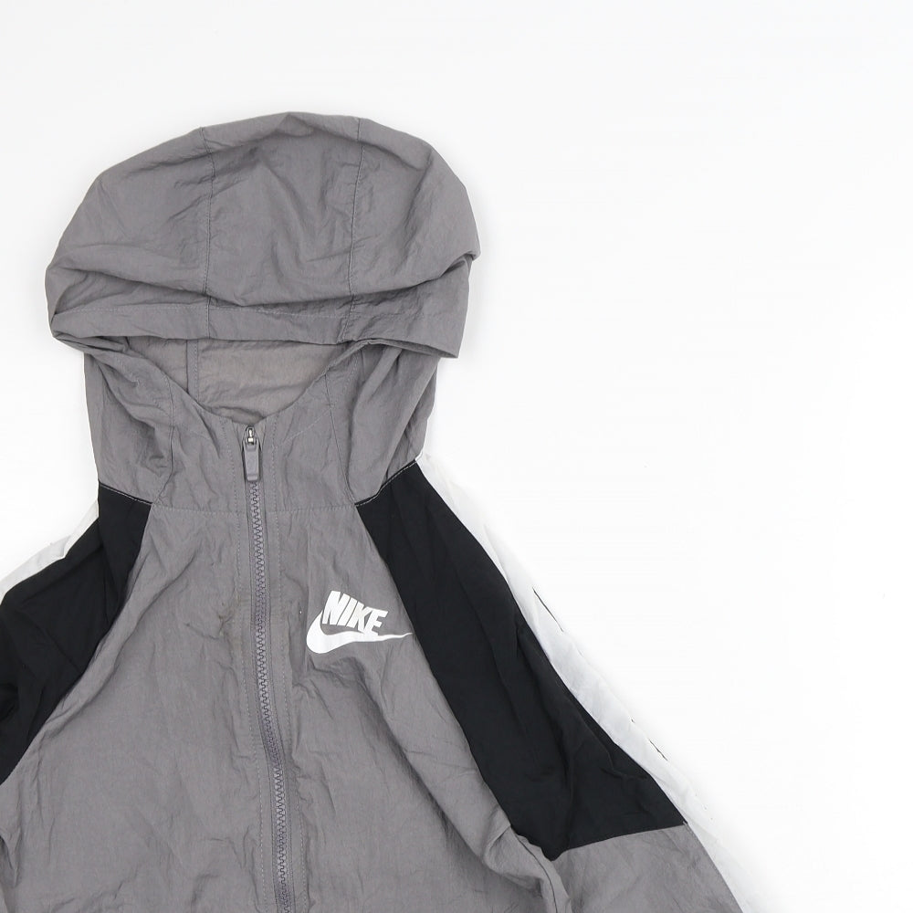 Nike Boys Grey Striped Rain Coat Coat Size 8-9 Years