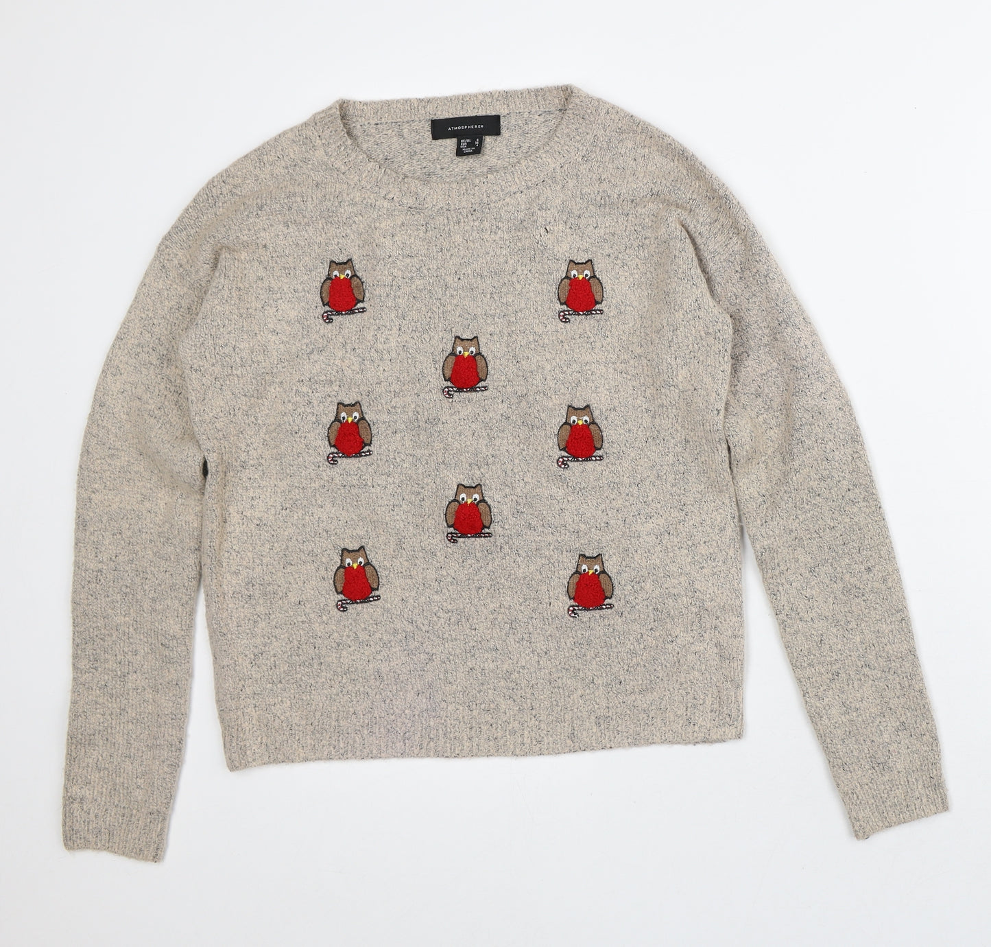 Atmosphere Womens Beige Crew Neck Geometric Acrylic Pullover Jumper Size 8 - Christmas