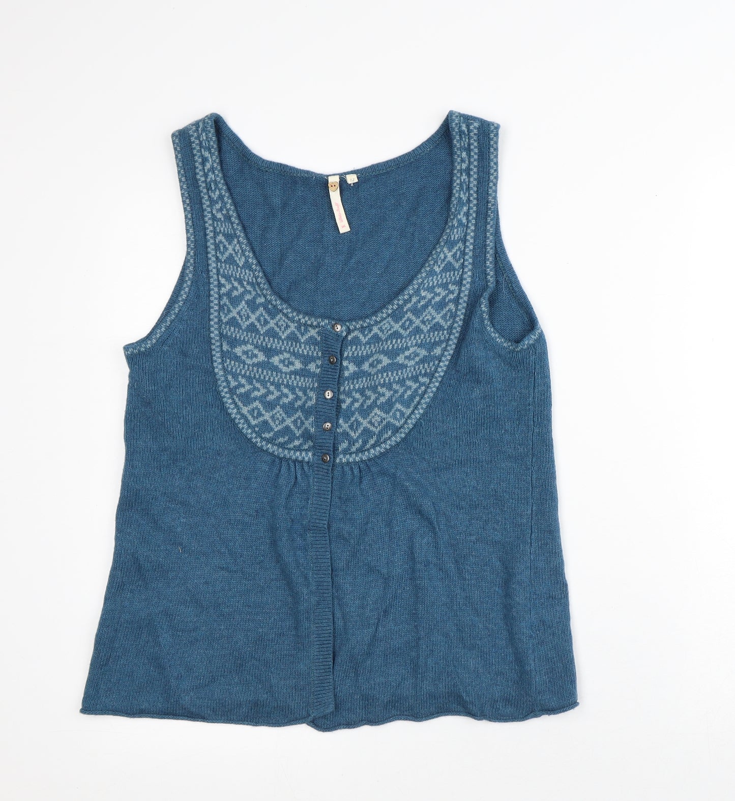 White Stuff Womens Blue Round Neck Geometric Viscose Vest Jumper Size 12