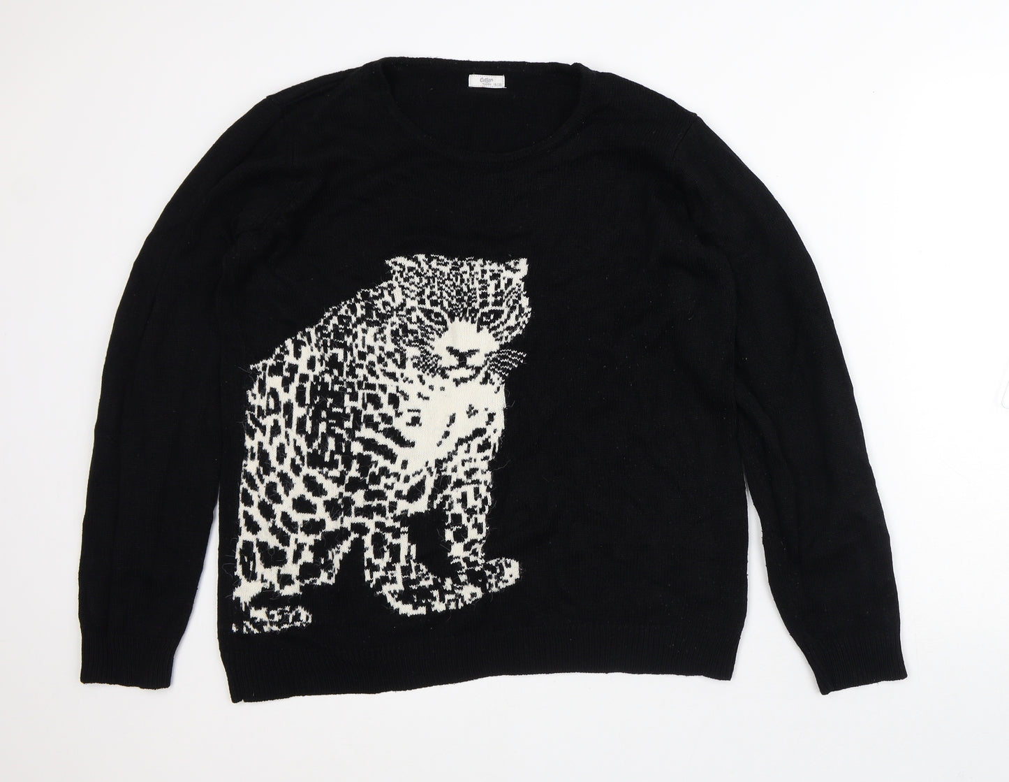 Cotton Traders Womens Black Round Neck Acrylic Pullover Jumper Size 18 - Leopard