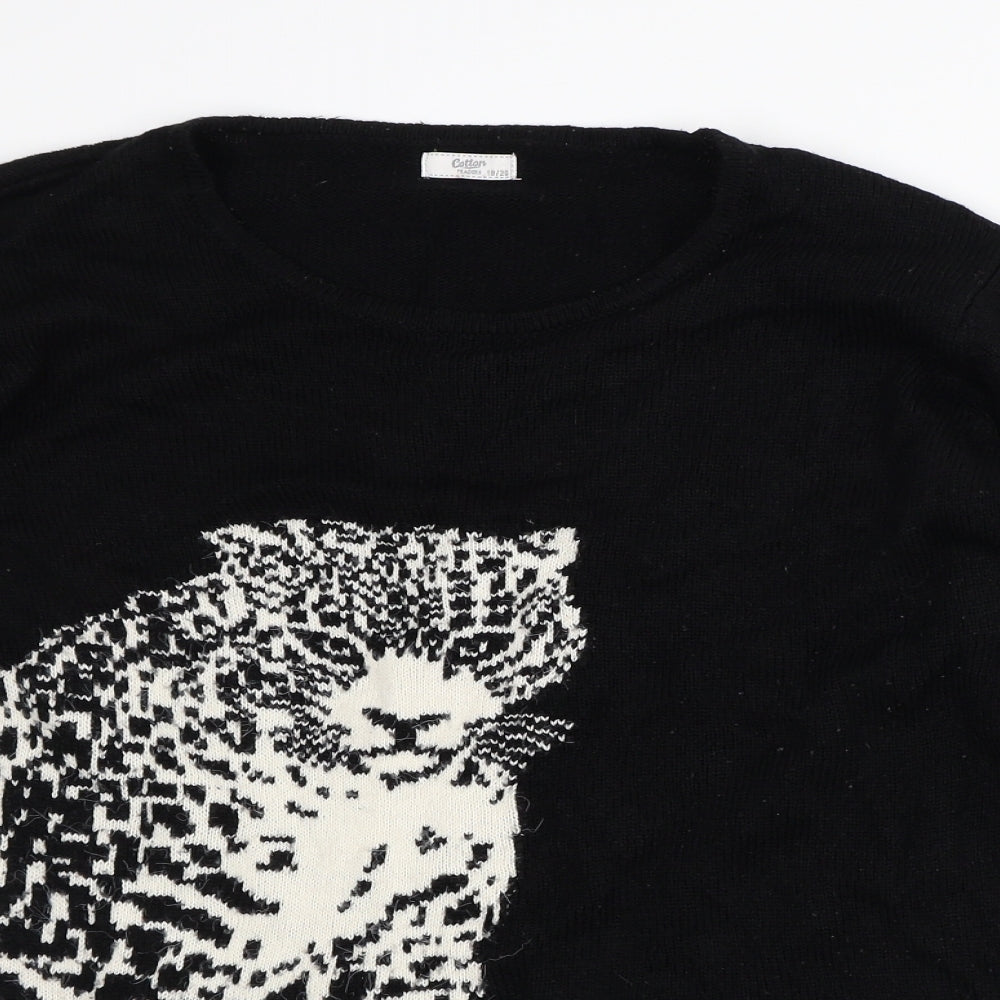 Cotton Traders Womens Black Round Neck Acrylic Pullover Jumper Size 18 - Leopard