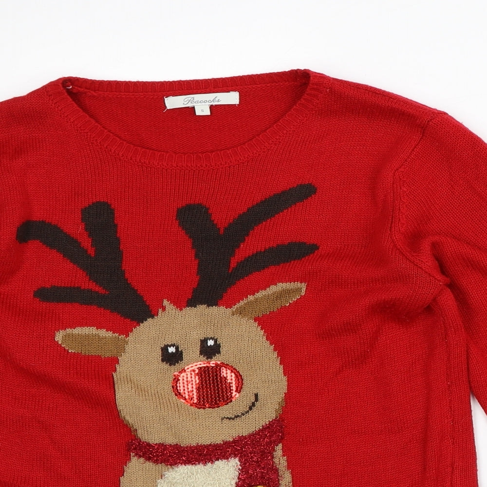 Peacocks Mens Red Round Neck Acrylic Pullover Jumper Size S - Christmas