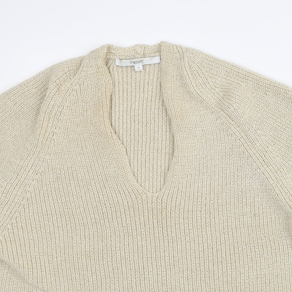 NEXT Womens Beige V-Neck Acrylic Pullover Jumper Size L