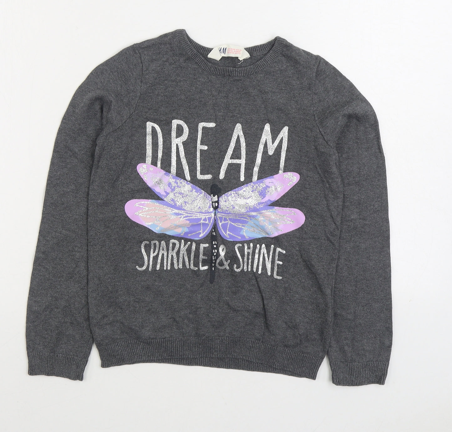 H&M Girls Grey Round Neck 100% Cotton Pullover Jumper Size 9-10 Years Pullover