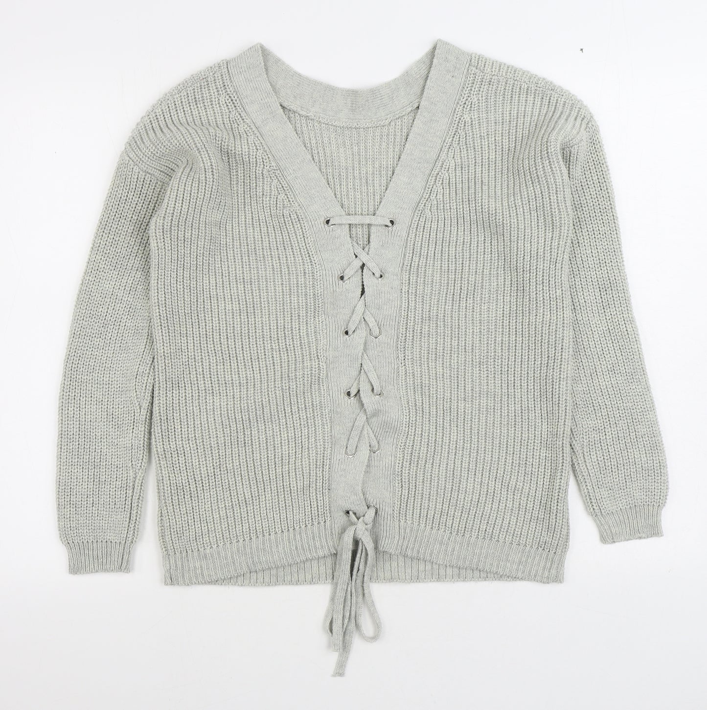 Primark Womens Grey V-Neck Acrylic Pullover Jumper Size M