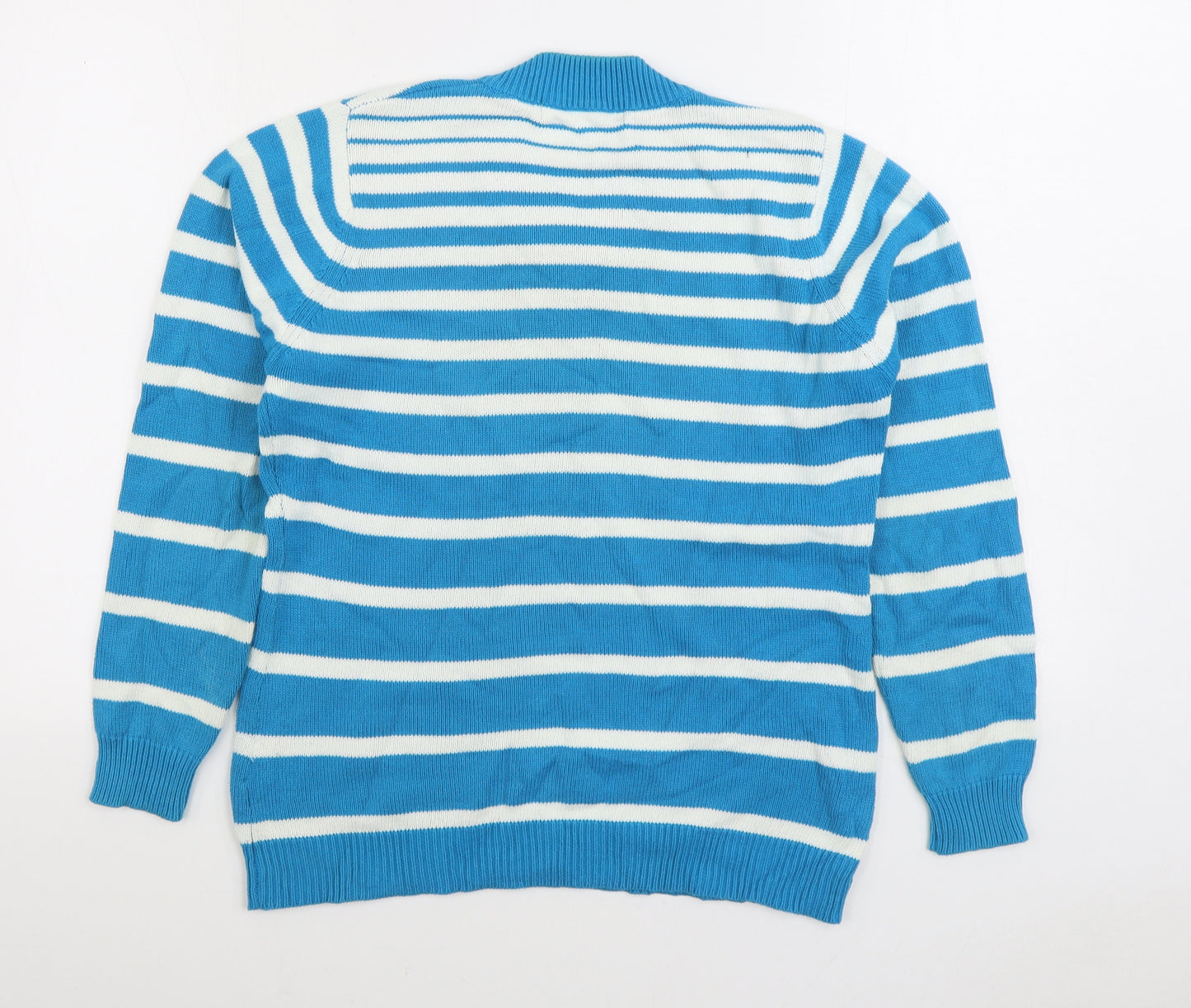 EWM Womens Blue V-Neck Striped 100% Cotton Pullover Jumper Size M