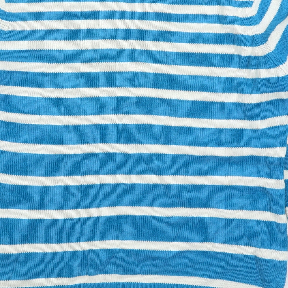 EWM Womens Blue V-Neck Striped 100% Cotton Pullover Jumper Size M
