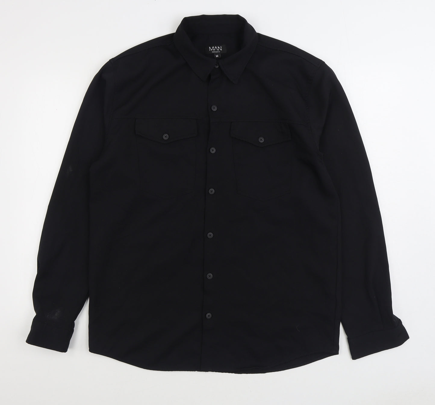 Topman Mens Black Polyester Button-Up Size M Collared Button