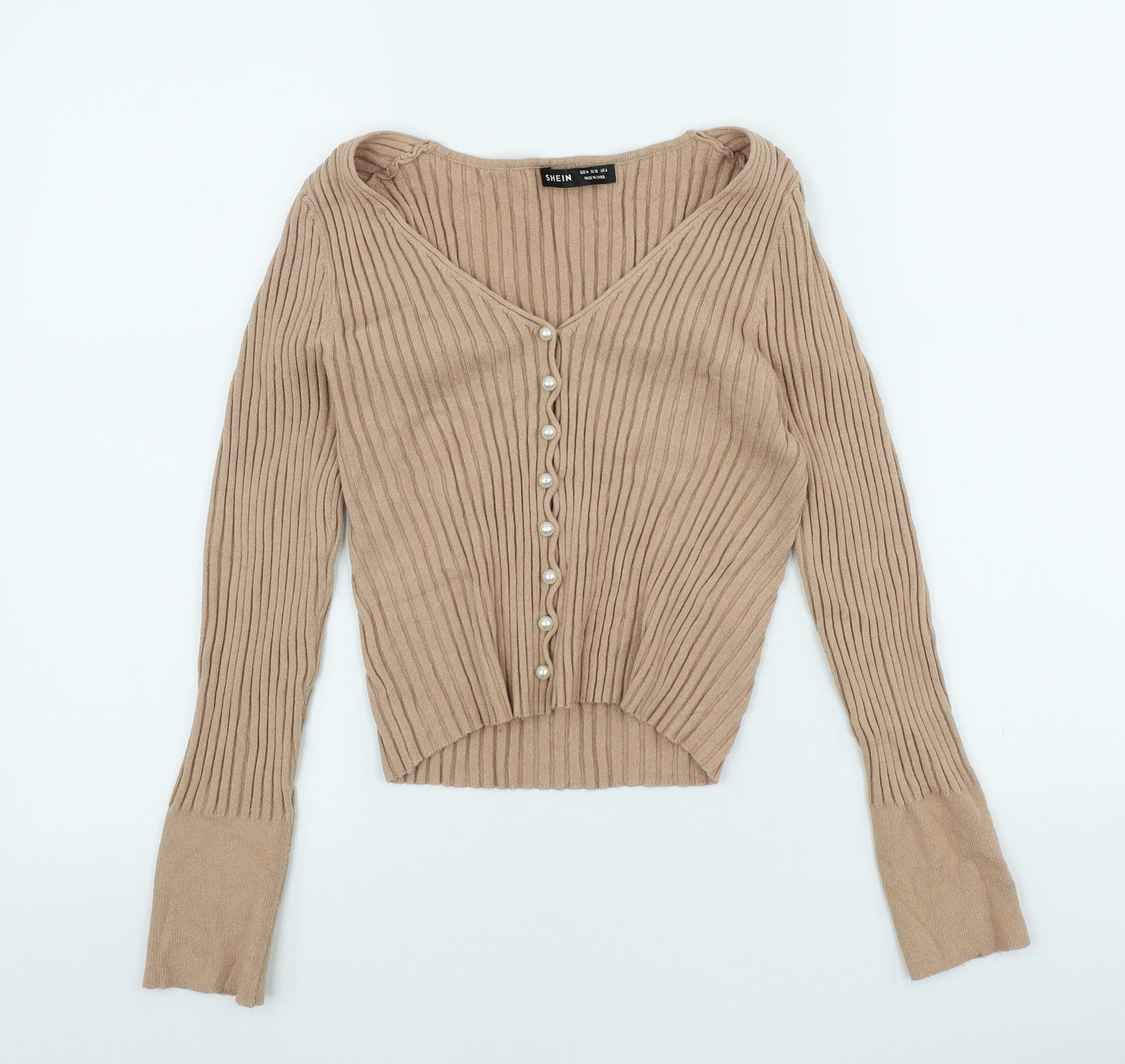 SheIn Womens Beige V-Neck Viscose Cardigan Jumper Size M
