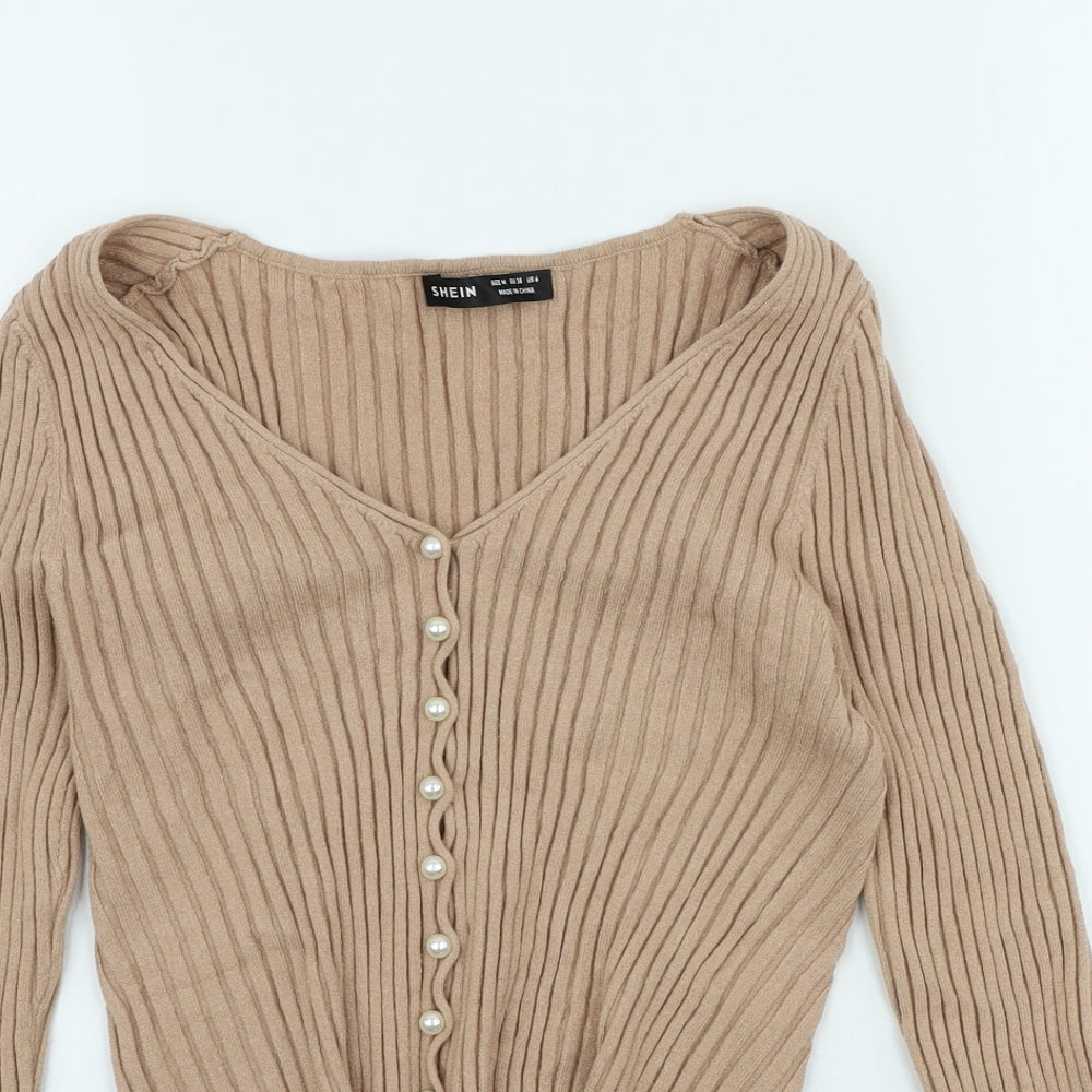 SheIn Womens Beige V-Neck Viscose Cardigan Jumper Size M