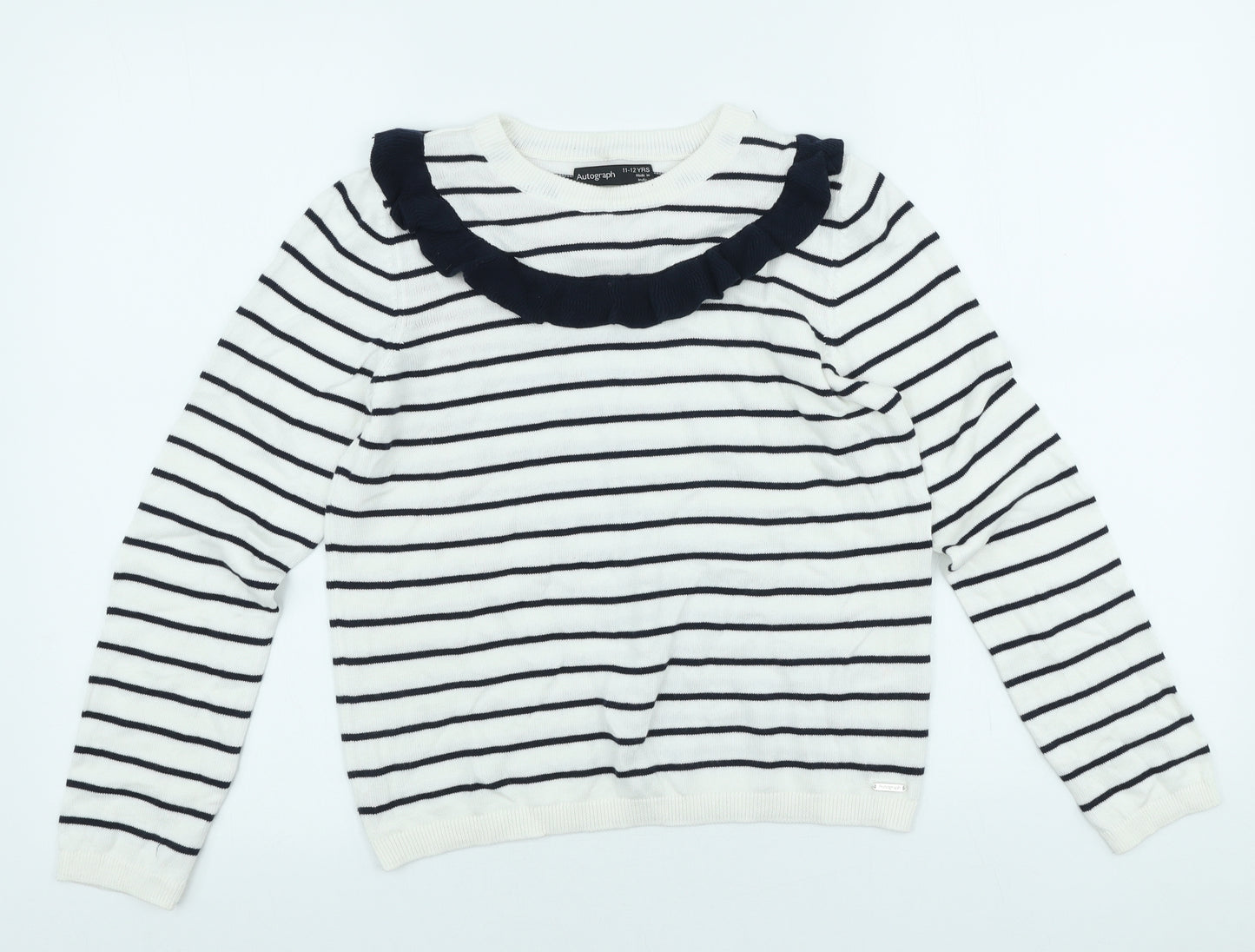 Autograph` Girls White Striped Viscose Basic Casual Size 10-11 Years Round Neck