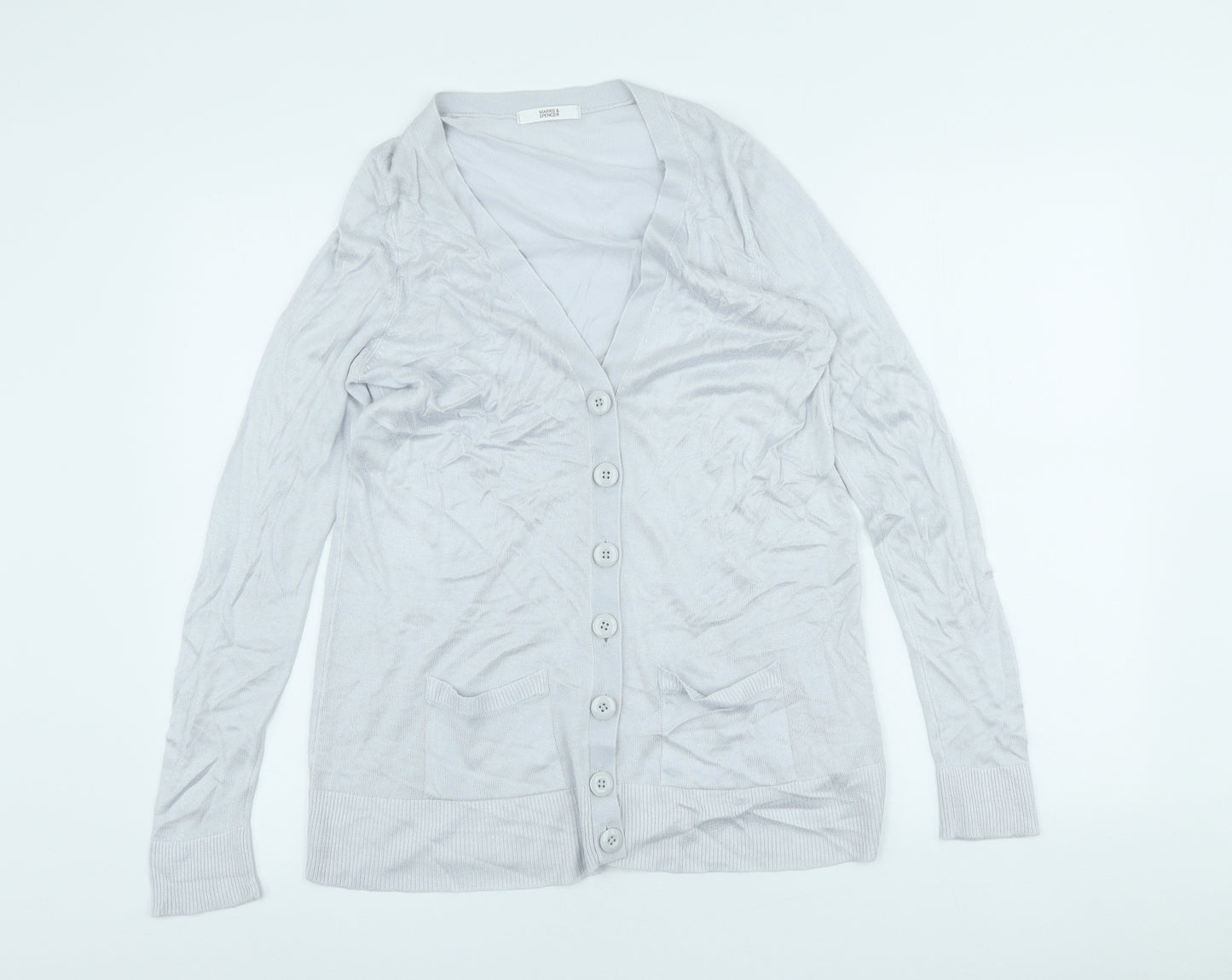 Marks and Spencer Womens Grey V-Neck Acrylic Cardigan Jumper Size 14