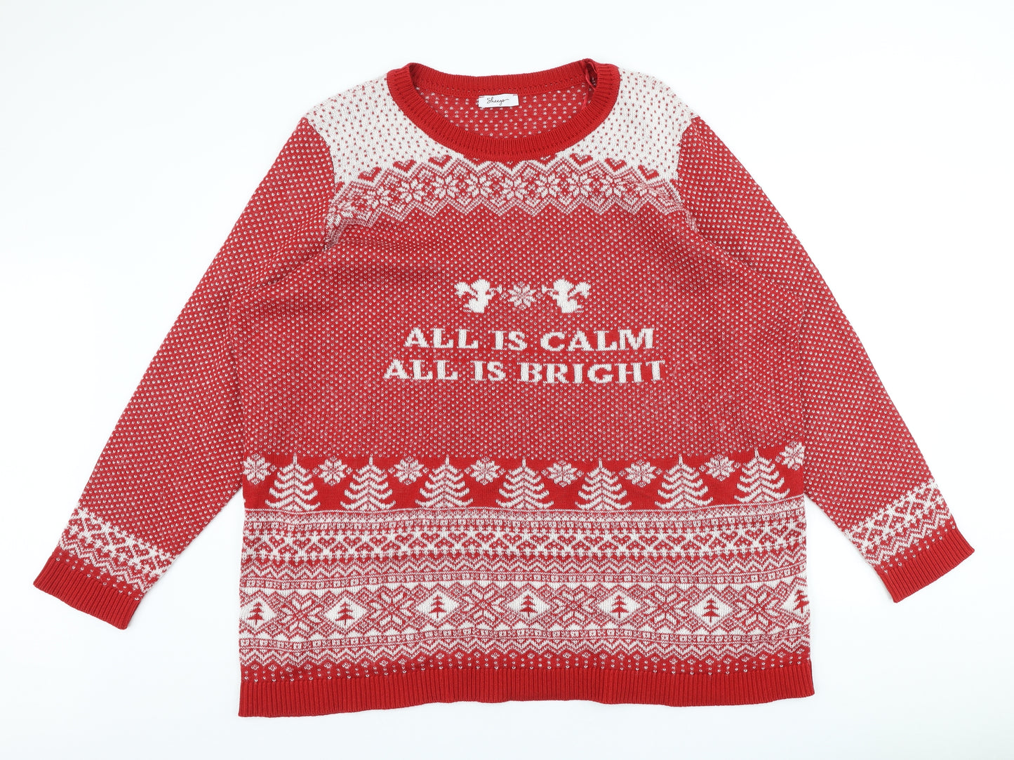 Sheego Womens Red Round Neck Fair Isle Acrylic Pullover Jumper Size 26 - Christmas