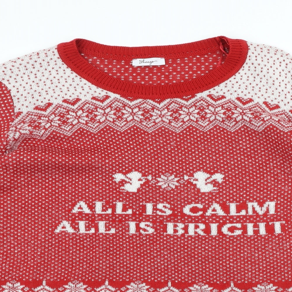 Sheego Womens Red Round Neck Fair Isle Acrylic Pullover Jumper Size 26 - Christmas