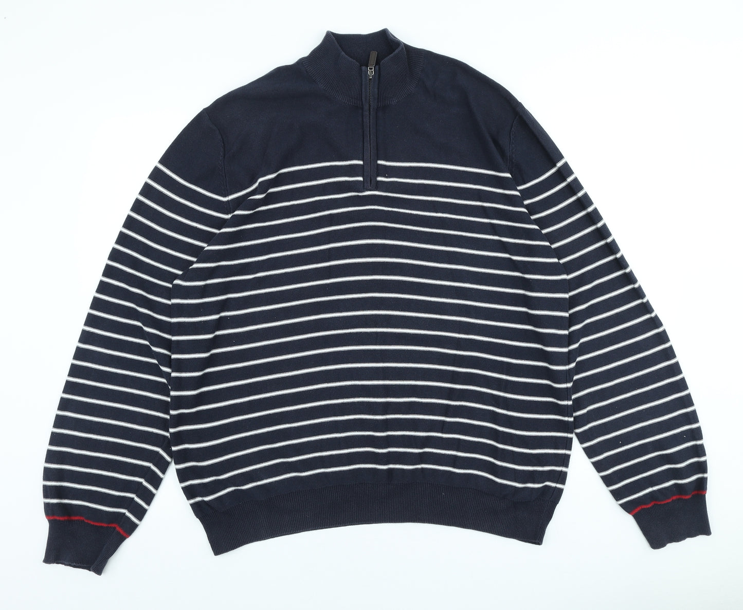 Blue Harbour Mens Blue High Neck Striped Cotton Pullover Jumper Size XL