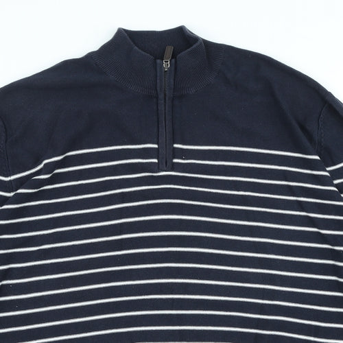 Blue Harbour Mens Blue High Neck Striped Cotton Pullover Jumper Size XL
