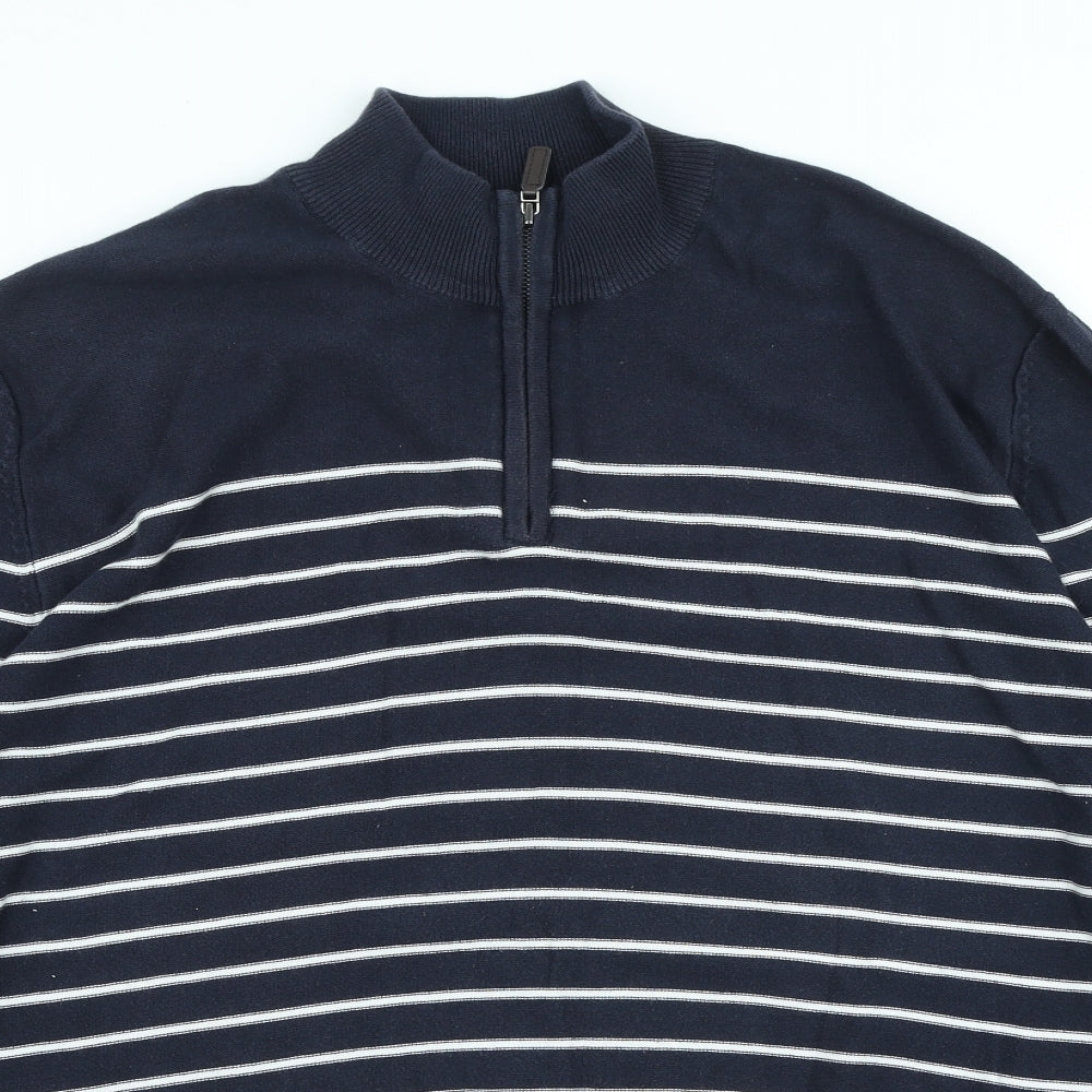 Blue Harbour Mens Blue High Neck Striped Cotton Pullover Jumper Size XL