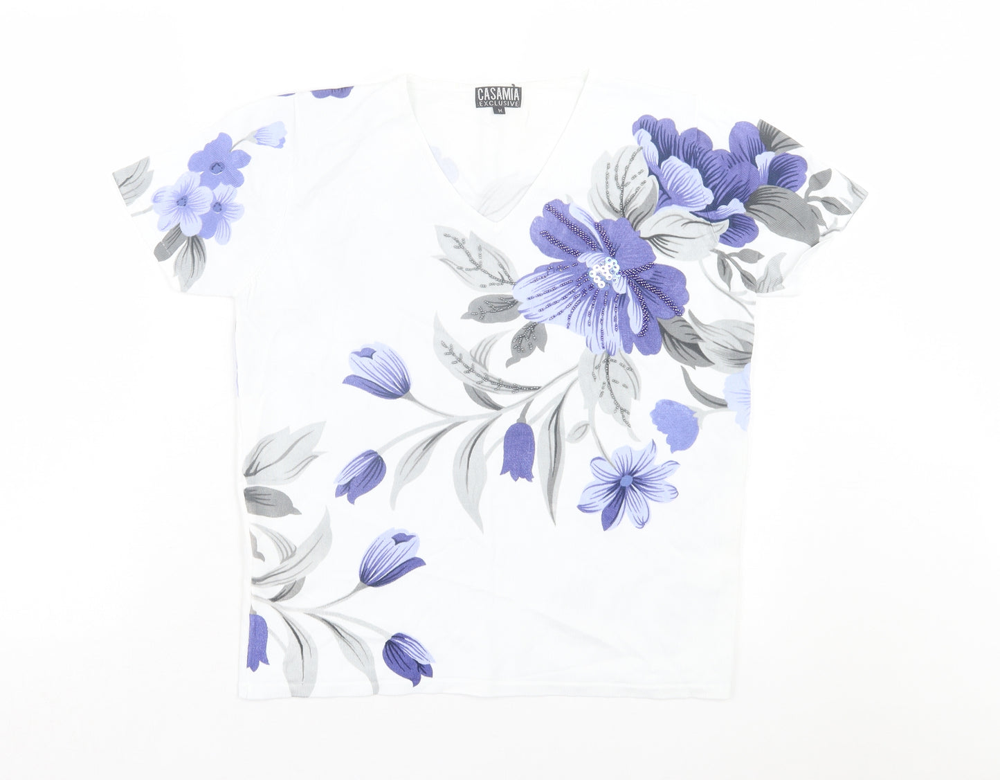 Casamia Womens White Floral Polyester Basic T-Shirt Size M V-Neck