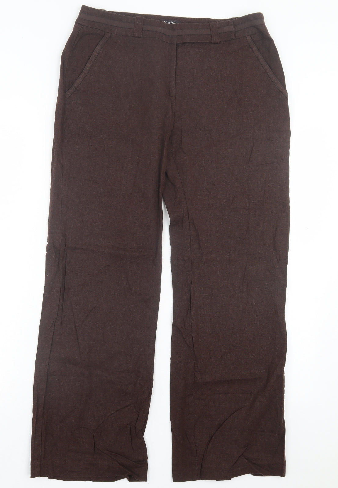 Principles Womens Brown Linen Trousers Size 12 L28 in Regular Hook & Eye