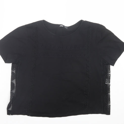Zara Womens Black Cotton Cropped T-Shirt Size M Crew Neck