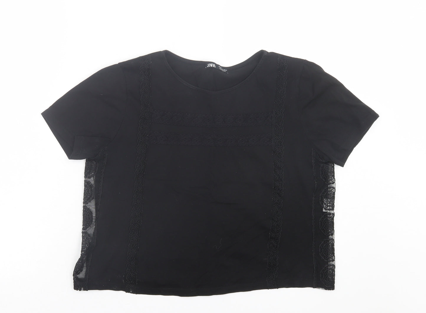 Zara Womens Black Cotton Cropped T-Shirt Size M Crew Neck