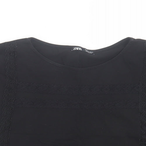 Zara Womens Black Cotton Cropped T-Shirt Size M Crew Neck