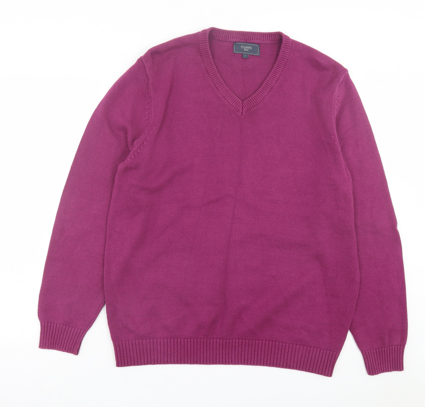 Atlantic Bay Mens Purple V-Neck Cotton Pullover Jumper Size L