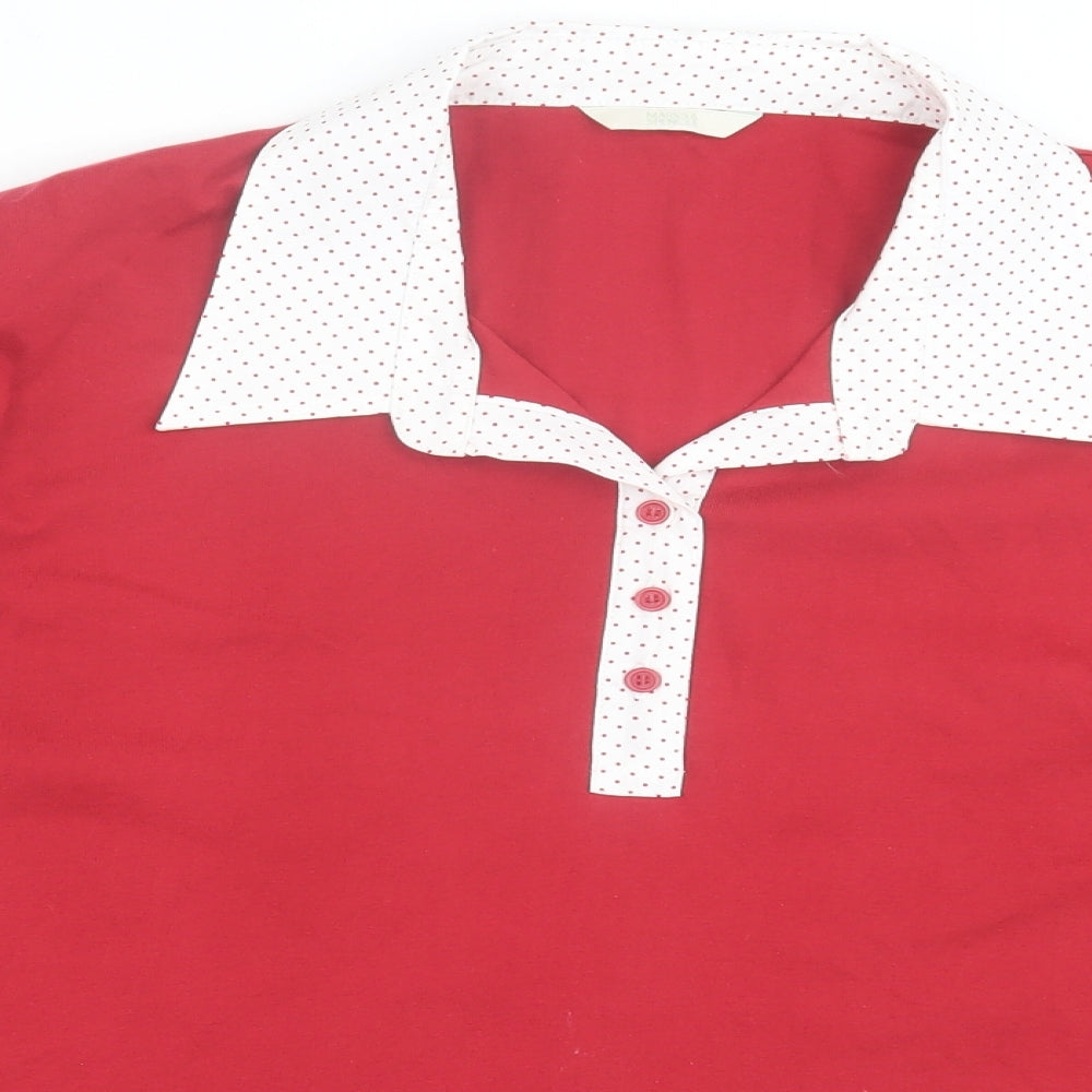 Marks and Spencer Womens Red Polka Dot Cotton Basic Polo Size 24 Collared