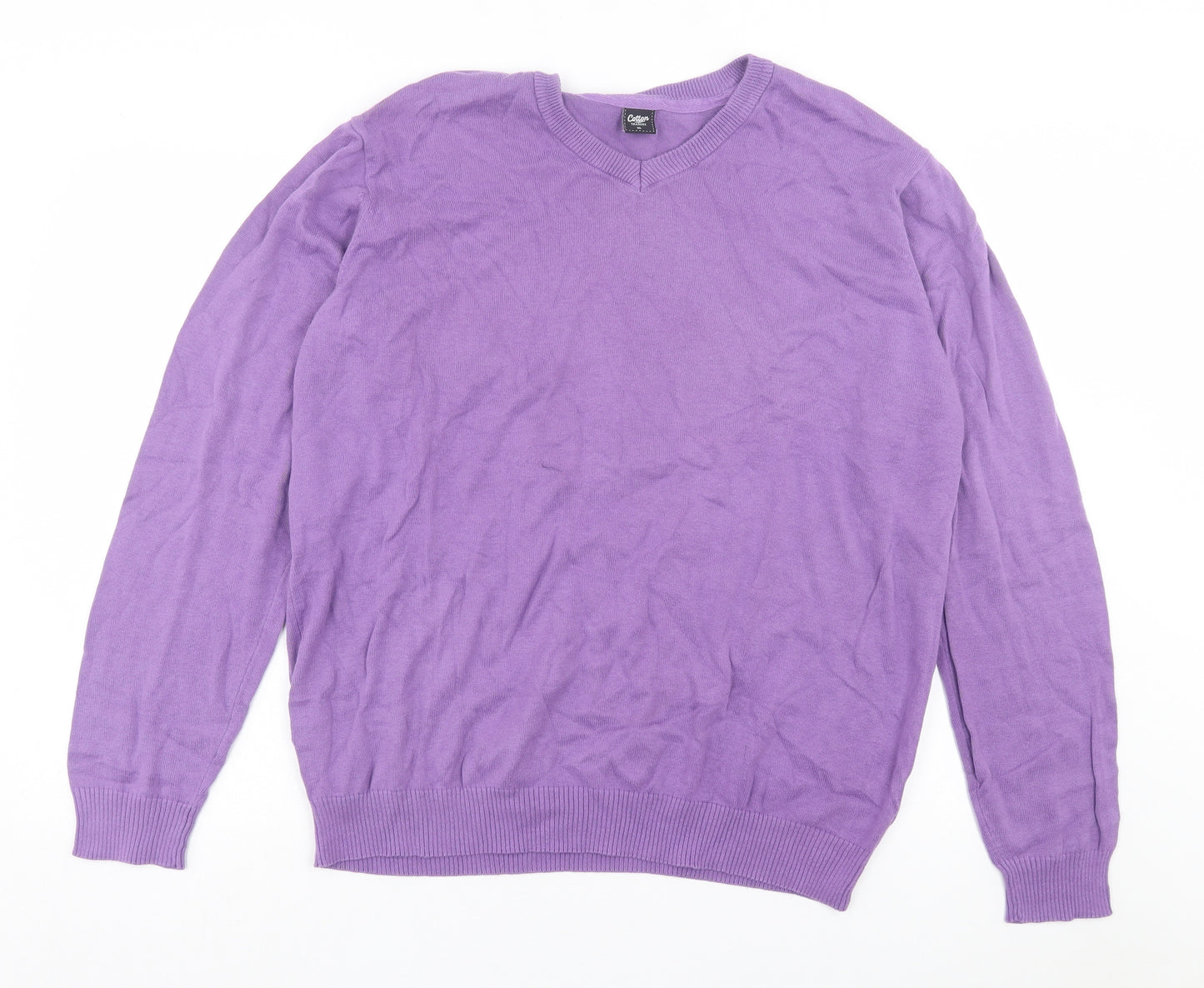Cotton Traders Mens Purple V-Neck Cotton Pullover Jumper Size XL