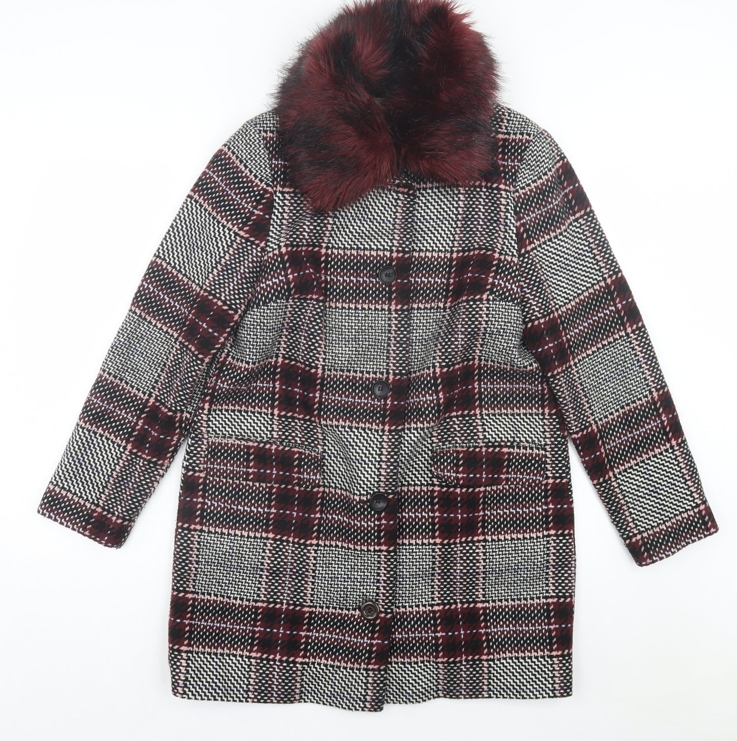 George Womens Red Plaid Overcoat Coat Size 14 Button